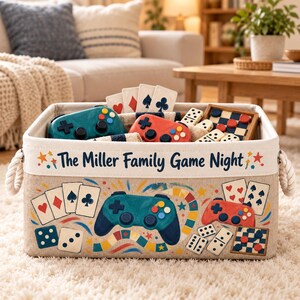 Personalized Fabric Storage Basket: Family Game Night Organizer, Board Games, Cards and Dice Design