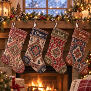 Könnte beinhalten: Vier Weihnachtsstrümpfe hängen in einer Reihe, jeder mit einem gewebten Gobelinmuster aus geometrischen Formen, Tannenbäumen und Schneeflocken. Die Bündchen sind mit den Namen Emma, Oliver, Noah und James in weißer Schrift personalisiert.