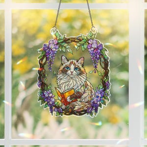 Holographic Cat Sun Catcher: Stained Glass Style Acrylic Window Hanging