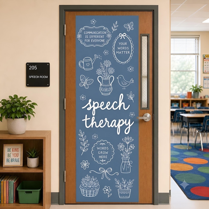 Speech Therapy Polyester Linen Tapestry, Floral Classroom Door Decor Blue Jean