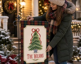 Personalized Christmas Garden Flag, Tartan Plaid Tree Yard Decor with Family Name