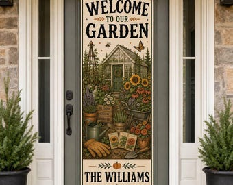 Personalized Garden Door Banner, Vintage Farmhouse Greenhouse Decor with Family Name