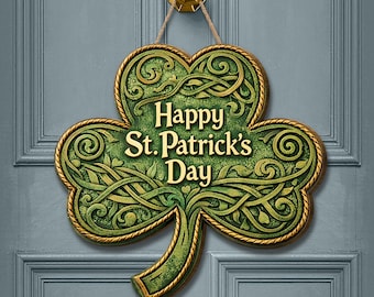 Happy St. Patrick's Day 2 Layered Wooden Sign: Shamrock Door Hanger, Celtic Knot Green Clover Decor