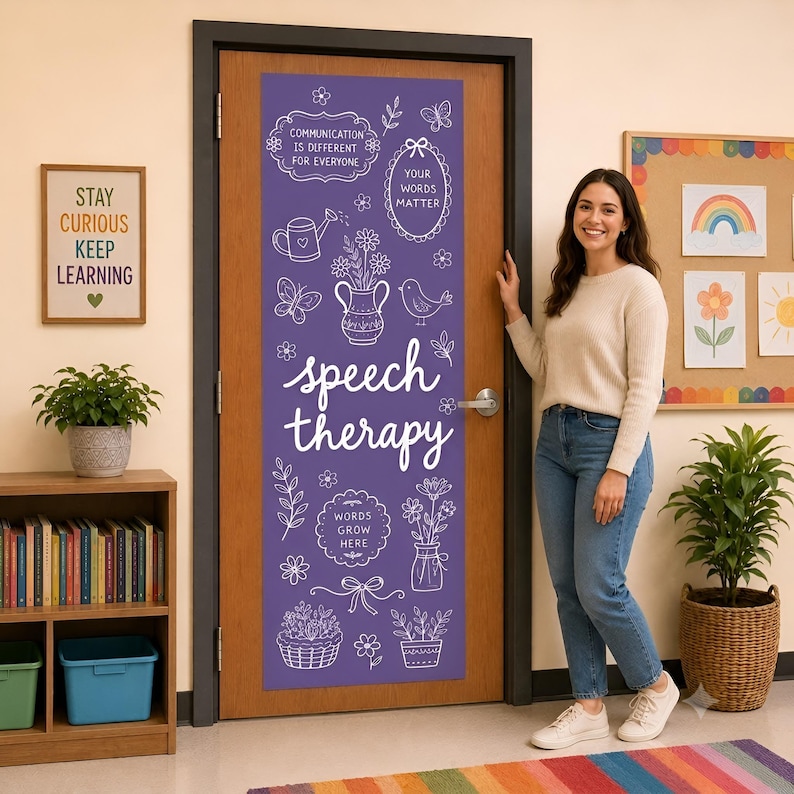 May include: A purple door decal featuring white line art of flowers, butterflies, and birds. The text reads: Communication is different for everyone, Your words matter, Speech therapy, and Words grow here. The design is applied to a wooden door.