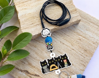 Personalized Acrylic ID Holder: Black Cat Teacher Lanyard, Beaded Name Badge Charm