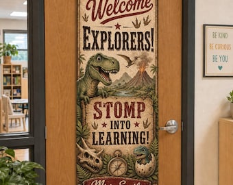 Personalized Linen Door Tapestry: Dinosaur Classroom Welcome Banner, Vintage Prehistoric Explorer Decor