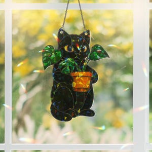 Holographic Black Cat Sun Catcher: Stained Glass Style Acrylic Window Hanging
