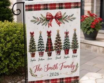 Personalized Christmas Garden Flag, Plaid Family Tree Holiday Yard Decor with Custom Names