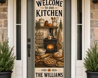 Personalized Kitchen Door Banner, Vintage Farmhouse Fall Baking Decor with Family Name