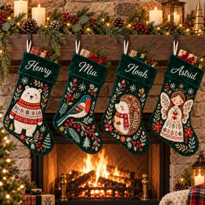 May include: Four dark green velvet Christmas stockings hanging in a row. Each stocking features a white embroidered name: Henry, Mia, Noah, and Astrid. The designs include a polar bear, a bird, a hedgehog, and an angel with floral accents.