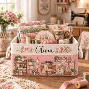 May include: A rectangular pink fabric storage bin with rope handles, featuring the name Olivia printed on the front alongside floral illustrations, a sewing machine, and a dress form. The bin is filled with folded floral fabrics, a wooden embroidery hoop, a glass jar of buttons, a pincushion, and metal scissors.