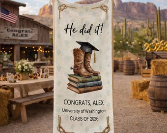 Western Graduation Banner Cowboy Boots Decor Personalized Linen Party Backdrop Class 2026