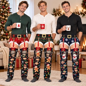 Pajama Pants: Christmas Garter Illusion Print with Plaid and Ripped Stocking Designs