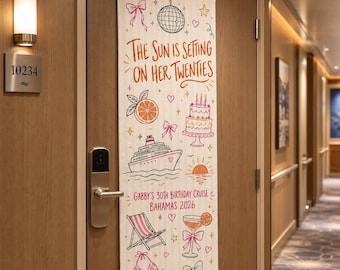 Personalized Stick-On Polyester Linen Tapestry, Cruise Birthday Door Banner, Retro Doodle Style Decor