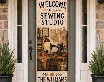 Personalized Sewing Studio Door Banner, Vintage Tailor Room Decor with Family Name