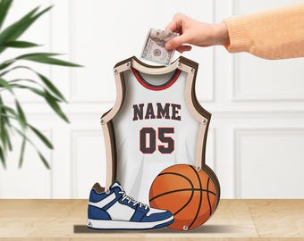 Personalized Basketball Jersey Piggy Bank, Custom Sports Name Number Gift