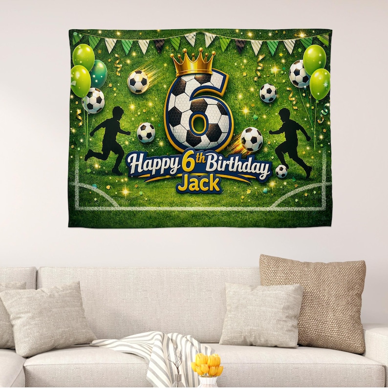 May include: A soccer-themed birthday banner with a green field design. The banner features a large number 6 made of a soccer ball, a gold crown, soccer balls, and the text "Happy 6th Birthday Jack."