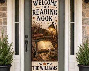 Personalized Reading Nook Door Banner, Vintage Library Book Decor with Family Name