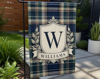 Personalized Monogram Garden Flag, Navy Plaid Family Name Yard Decor with Initial