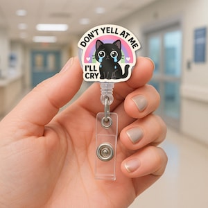 Crying Black Cat Badge Reel: Funny Emotional Support ID Holder