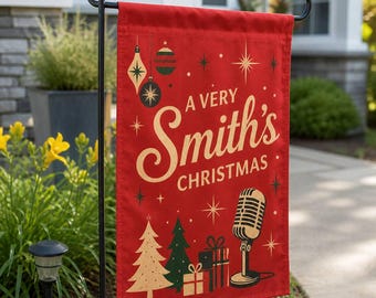 Personalized Christmas Garden Flag, Retro Red Holiday Yard Decor with Custom Family Name
