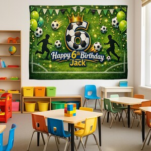 May include: A large green and white banner with the text "Happy 6th Birthday Jack" and a soccer ball theme. The number 6 is designed as a soccer ball with a gold crown. Includes soccer balls, silhouettes of soccer players, and green balloons.