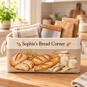 May include: A rectangular beige fabric storage bin with rope handles, featuring the text 'Sophie's Bread Corner' and illustrations of bread loaves, wheat stalks, and glass jars. Inside are folded striped linens and a metal dough scraper.