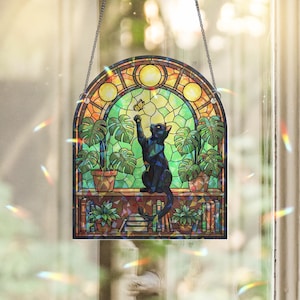 Holographic Black Cat Sun Catcher: Stained Glass Style Acrylic Window Hanging