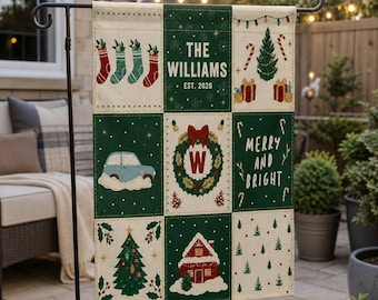 Personalized Christmas Garden Flag, Vintage Patchwork Holiday Yard Decor with Family Name