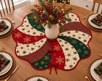 Quilted Christmas Tree Skirt, Plaid Snowflake Patchwork Table Topper with Red Ties