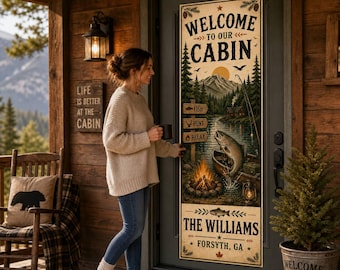 Personalized Cabin Door Banner, Vintage Fishing Lodge Decor with Family Name
