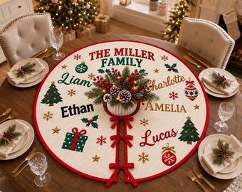 Decoración navideña personalizada para mesa, con nombres familiares personalizados y tapiz acolchado redondo.