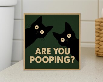 Funny Black Cat Bathroom Sign: Quirky Toilet Humor Wooden Plaque