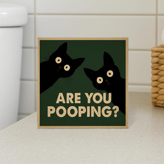 Funny Black Cat Bathroom Sign – Wooden Box Decor, 5x5 Inch, Cat Lover Gift, Shelf Decor
