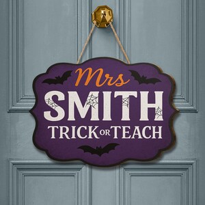 Personalized Teacher Halloween Door Sign: Custom Bat & Spider Web Decor