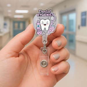 Dental Hygienist Badge Reel, Cute Tooth ID Holder, Retractable Name Badge, Dentist Office Accessory, Dental Assistant Gift
