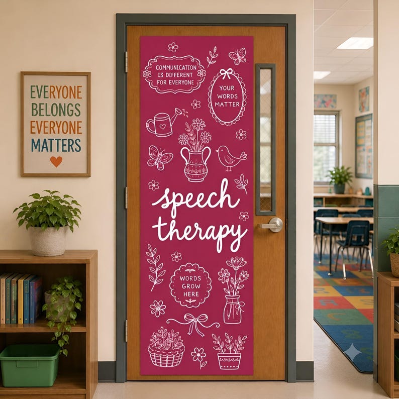 Speech Therapy Polyester Linen Tapestry, Floral Classroom Door Decor Berry Pink