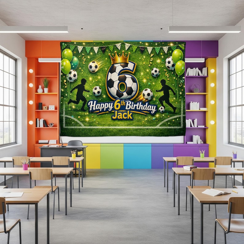 May include: A large green and white soccer-themed birthday banner with the text "Happy 6th Birthday Jack." The banner features soccer balls, silhouettes of soccer players, and a golden crown. Green balloons and a garland are also included.