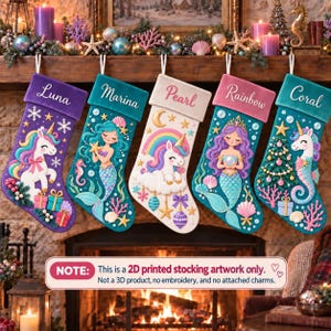 Calza di Natale personalizzata con stampa: decorazione natalizia per camino con sirena e unicorno.
