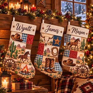 Personalized Christmas Stocking, Western Cowboy Patchwork Design with Horses, Cactus and Desert Landscape