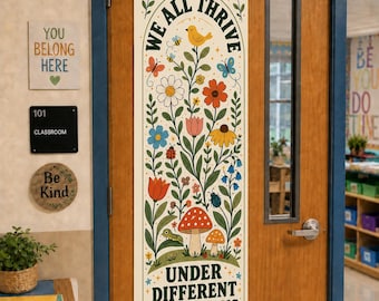 Classroom Garden Tapestry: Motivation Polyester Linen Door Banner, Flower Insect Decor