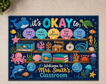 Custom Animal Classroom Doormat: Navy Rectangular Floor Mat, Dinosaur Farm Woodland Ocean Themes