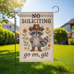 No Soliciting Garden Flag, Funny Raccoon Yard Sign, Cowboy Outdoor Flag with Flowers, Rustic Farmhouse Porch Decor