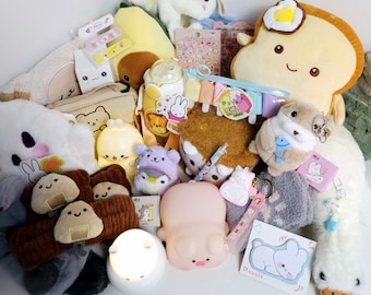 May include: A collection of various plush toys and accessories, including a bread-shaped pillow, avocado plush, and a white goose plush. Other items include a pink pig-shaped night light, a pencil case, and a small plush penguin.