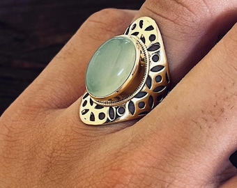 Gold Brass Prehnite Ring, Handmade Boho Statement Ring for Women, Tribal Ethnic Jewelry, Brass Ring, Unique Gift for Her