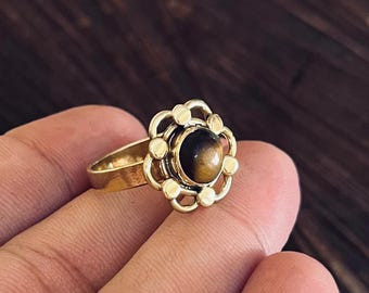 Tigerauge Edelstein Ring • Floral Messing Ring • Messing Statement Ring • Boho ethnischen Schmuck • Vintage Gold Ring