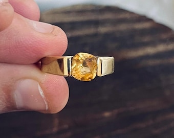 Mens Citrine Gemstone Brass Ring, Wide Band Gold Brass Ring, Handmade November Birthstone Ring