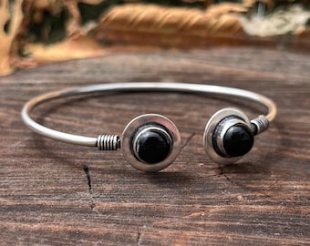 Black Onyx Brass Cuff Bracelet • Silver Plated Boho Bangle • Minimal Tribal Open Cuff for Women • Ethnic Brass Jewelry with Onyx