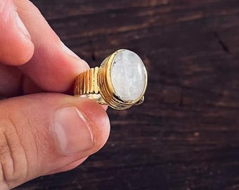 Moonstone Brass Ring For Men, Bold Gemstone Statement Ring , Boho Tribal Brass Ring