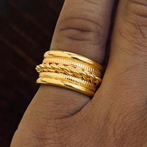 Gold Plated Brass Wide Band Ring | Adjustable Rope Ring